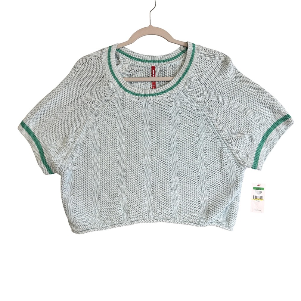 UNIONBAY Sweater Juniors L Green 100% Cotton Raglan Short Sleeve Open Knit